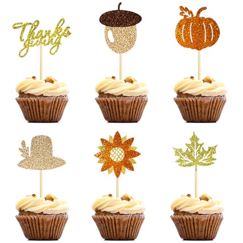 Thanksgiving-Kuchenaufsätze, Cartoon-Kürbis-Ahornblatt, Glitzer, festlicher Hut für Cupcake-Dekoration, 24 Stück von OLACD