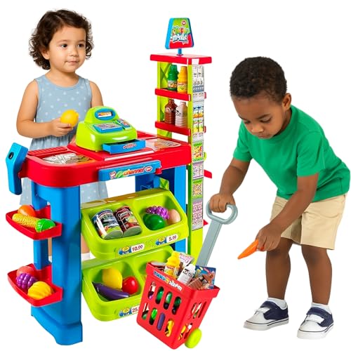 OLEOCA Supermarkt Playcenter Set - Scanner, Verkaufstheke, Einkaufswagen, Registrierkasse, Lebensmittel und Bargeld, Licht und Sound von OLEOCA