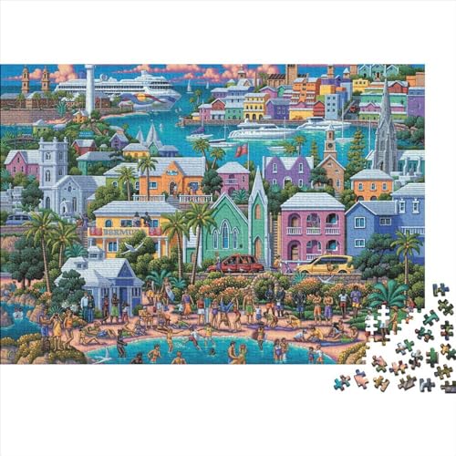 Harbor Town 300 Teile Puzzle Puzzle Kunst Geschenke Schwieriges Puzzlespiel Illustration Style Handgemachtes DIY Eltern-Kind-Erziehung 300pcs (40x28cm) von OLKNJHER