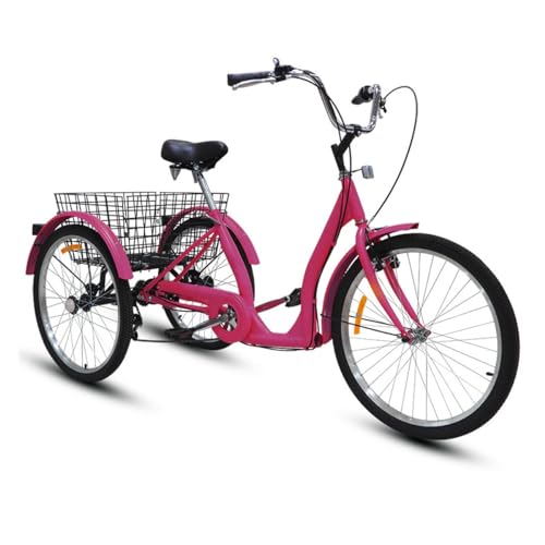 OLSDXAWQ, 24-Zoll-Dreiräder for Erwachsene, Lastenfahrrad, 3-Rad-Fahrrad, Cruise-Trike, Lasten-Trike mit Korb, Fahrrad for Outdoor-Sporteinkäufe (Pink)(Pink) von OLSDXAWQ