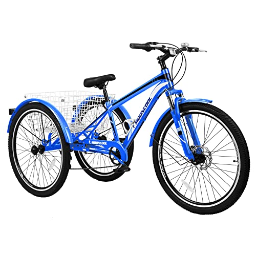 OLSDXAWQ, Mountain-Dreirad for Erwachsene, 7-Gang-Dreirad, Cruiser-Fahrrad, blau, 24-Zoll-Reifen, mit Einkaufskorb – Dreiräder for Herren und Damen – Trainingsdreiräder in Mehreren Farben(Blue,Blue) von OLSDXAWQ