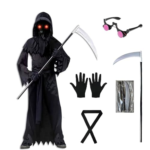 Death Note Costume, Halloween Grim Reaper Costume Set with Glowing Red Eyes, Scythe, Skeleton Gloves Clothing Belts (M) von OLYGEE