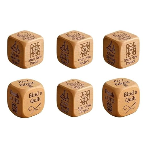 OLYGEE Quilter’s Decision Dice, Quilter’s Dice, Handmade Wooden Quilting Decision Dices with 6 Engraved Sewing Tasks, Fun Gift for Sewists, Craft Lovers to Add Excitement to Sewing Routine (6pcs) von OLYGEE