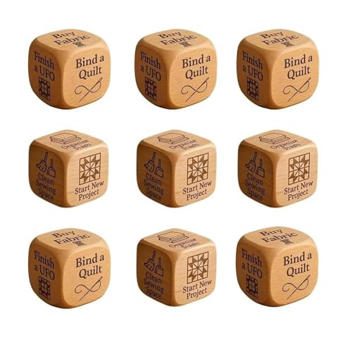 OLYGEE Quilter’s Decision Dice, Quilter’s Dice, Handmade Wooden Quilting Decision Dices with 6 Engraved Sewing Tasks, Fun Gift for Sewists, Craft Lovers to Add Excitement to Sewing Routine (9pcs) von OLYGEE