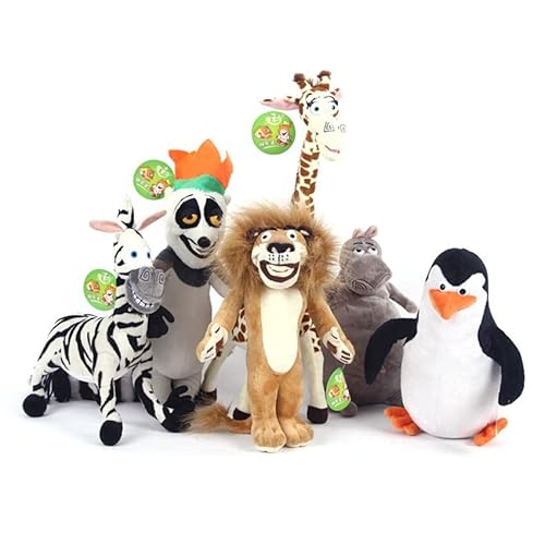 OMECAR Film Die Pinguine aus Madagascar Plüschtier-Sets Süßes Cartoon-Flusspferd Giraffe Löwe Kissen Kuscheltier Puppe für Kinder Geschenk 25cm 6-TLG von OMECAR
