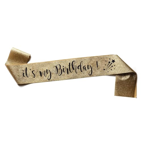 OMISS Schärpe It's My Birthday für Geburtstag auf Englisch – zum Tragen am Tag für Ihren Geburtstag (Glitzergold) von OMISS