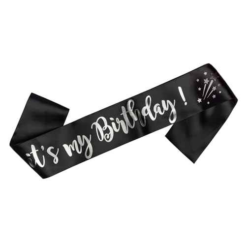 OMISS Schärpe It's My Birthday für Geburtstag auf Englisch – zum Tragen am Tag für Ihren Geburtstag (Schwarz und Silber) von OMISS