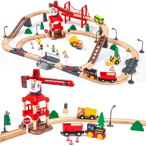 86-teiliges Holzeisenbahn set mit Kran, Holzeisenbahnschienen-Set, Eisenbahnbausätze, Passend für Thomas Brio, IKEA, Melissa und Doug, Weihnachtseisenbahnspielzeug für Kinder und Kleinkinder 86-teiliges Holzeisenbahn set mit Kran, Holzeisenbahnschienen-Set, Eisenbahnbausätze, Passend für Thomas Brio, IKEA, Melissa und Doug, Weihnachtseisenbahnspielzeug für Kinder und Kleinkinder von OMYbaby