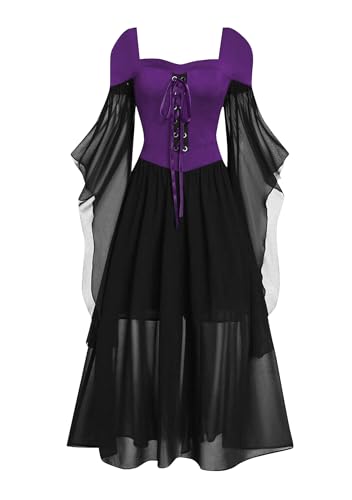 OMZIN Damen Corest Hexenkostüm Hohe Taille Vampir Schmetterlingsärmel Cosplay Kleider Violett Schwarz XL von OMZIN