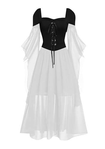 OMZIN Damen Renaissance Kostüm Spitze Feenkleid Formeller Abend Glockenärmel Halloween Corest Kleid Schwarz Weiß XL von OMZIN