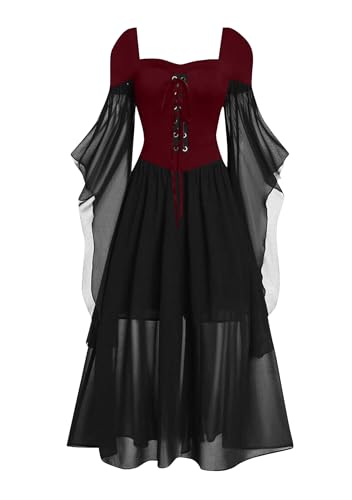 OMZIN Halloween Kostüme Für Frauen Renaissance Gothic Kleider Spitze Glockenärmel Kleider Wein Rot Schwarz S von OMZIN