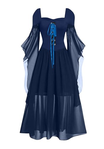 OMZIN Renaissance Corest Kostüm Für Damen Piratenkleid Mit Geteilten Glockenärmeln Mittelalterliches Ren Faire Kleid Marineblau XL von OMZIN