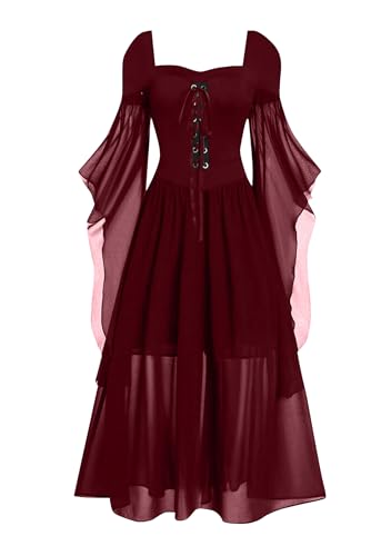OMZIN Renaissance Gothic Kleider Für Damen Spitze Mesh Goth Kleid Mittelalterlich Vintage Hexen Kostüm Wein Rot L von OMZIN