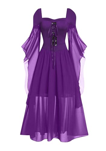 OMZIN Renaissance Kleid Für Damen Corest Langer Glockenarm Mittelalterliches Halloween Kostüm Violett 2XL von OMZIN