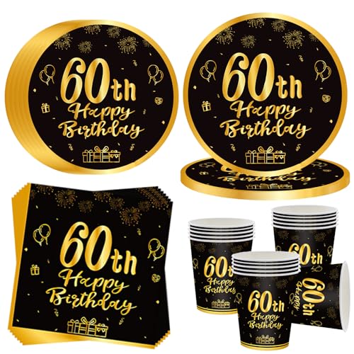 OMZSXK 60. Geburtstag Partygeschirr für 16 Gäste,Schwarz Gold 60. Geburtstag Partyteller Geburtstag Geschirr,60. Geburtstag Pappteller Becher Servietten für Männer Frauen Happy Birthday Decor OMZSXK 60. Geburtstag Partygeschirr für 16 Gäste,Schwarz Gold 60. Geburtstag Partyteller Geburtstag Geschirr,60. Geburtstag Pappteller Becher Servietten für Männer Frauen Happy Birthday Decor von OMZSXK