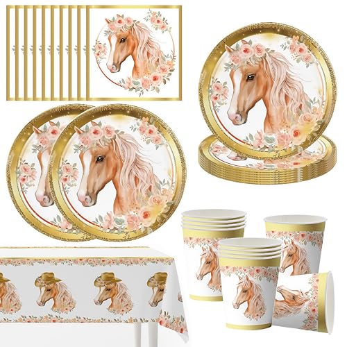 OMZSXK Pferd Partygeschirr Set,Pferde Geburtstag Deko Partygeschirr mit Tischdecken für 10 Gäste,Pferd Party Dekoration Pappgeschirr Partyzubehörset Partyteller Tischdecken Becher Servietten von OMZSXK