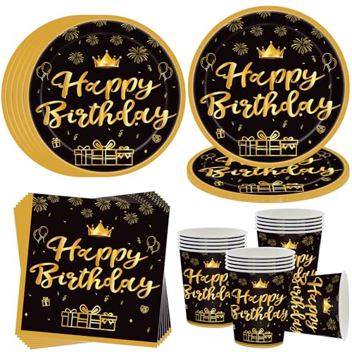 Schwarz Gold Partygeschirr für 16 Gäste,Happy Birthday Partyteller Party Geschirr Set,Geburtstagdeko Pappteller Becher Servietten,Männer Frauen Kinder Geburtstag Deko Schwarz Gold Partygeschirr für 16 Gäste,Happy Birthday Partyteller Party Geschirr Set,Geburtstagdeko Pappteller Becher Servietten,Männer Frauen Kinder Geburtstag Deko von OMZSXK
