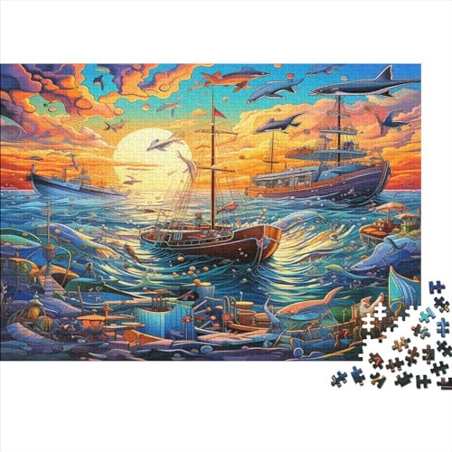 3D Endless Ocean with Boats, Fish and Dolphins Puzzles Für Erwachsene 1000-teilige Puzzles Für Erwachsene Anspruchsvolles Spiel Ungelöstes Puzzle 1000pcs (75x50cm) von ONDIAN