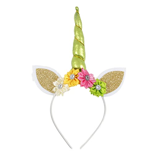 ONECHANCE Elastisches Einhorn Haarband Einhorn Stirnband mit Blumen Horn Haarreif für Mädchen Kinder Erwachsene Geburtstagsparty Accessoires Color Grün von ONECHANCE