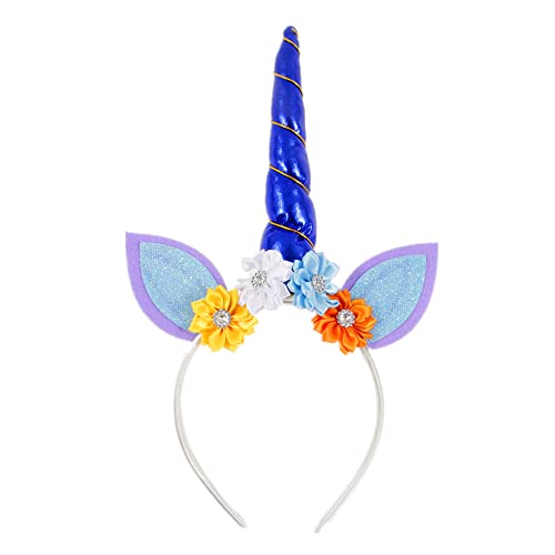 ONECHANCE Elastisches Einhorn Haarband Einhorn Stirnband mit Blumen Horn Haarreif für Mädchen Kinder Erwachsene Geburtstagsparty Accessoires Color Königsblau von ONECHANCE