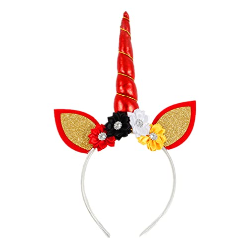 ONECHANCE Elastisches Einhorn Haarband Einhorn Stirnband mit Blumen Horn Haarreif für Mädchen Kinder Erwachsene Geburtstagsparty Accessoires Color Rot von ONECHANCE