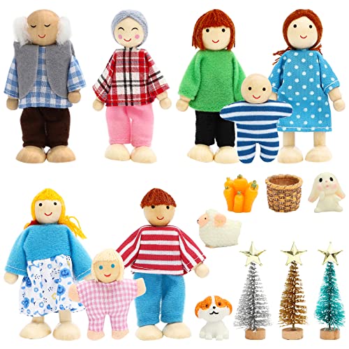 ONEST 16 Stück Holz Puppenhaus Familie Set Mini Menschen Figuren Sets Puppenhaus Puppen Holzpuppe Familie Pretend Play Figuren Zubehör für Pretend Doll House Toy von ONEST