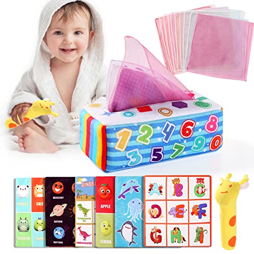 ONLYFUN Montessori Spielzeug ab 1 Jahr, Baby Tissue Box Toy mit 10er Farbiges Tuch, 6er Crinkle Tuch & 1 Rasseln Spielzeug，Montessori Sensorisches Baby Spielzeug 6-36 Monate von ONLYFUN
