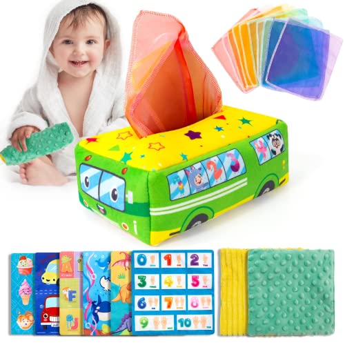 ONLYFUN Montessori Spielzeug ab 1 Jahr, Baby Tissue Box Toy mit 10er Farbiges Tuch, 6er Crinkle Tuch & 1 Strukturiertes Taktiles Papier，Montessori Sensorisches Baby Spielzeug 6-36 Monate von ONLYFUN
