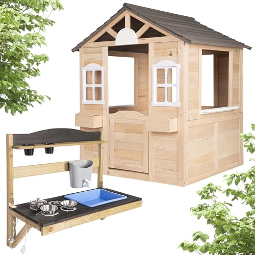 ONVAYA® Kinderspielhaus mit Faltbarer Hänge-Matschküche ǀ Holz ǀ Spielhaus mit Tür und Fenster aus Echtholz ǀ für DIY-Streichprojekte ǀ einfacher Aufbau ǀ wetterfest ǀ Gartenhaus für Kinder von ONVAYA