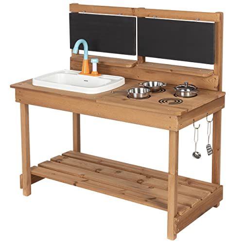 ONVAYA® Matschküche aus Holz | Braun | Outdoor Spielküche mit Waschbecken und schwarzer Tafel | Inklusive Stauraum in der Kinderküche für Draußen von ONVAYA