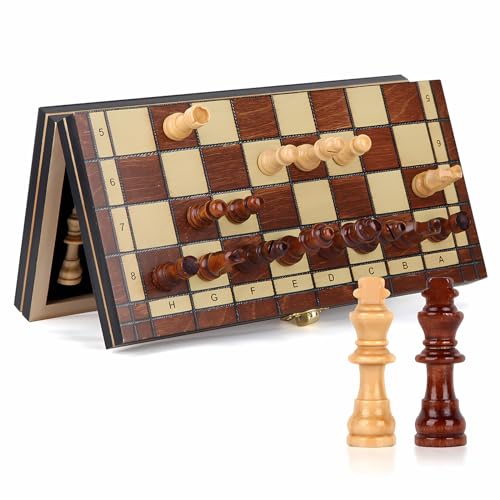 OOCOME Holz Magnetisch Schachspiel, 24 * 24cm Tragbares klappbar Reise Schachbrett, Anfänger Schach Satz mit 2 Zusätzlichen Königinnen Geliefert, Geschenk für Kinder, Kinder, Familie und Freunde von OOCOME