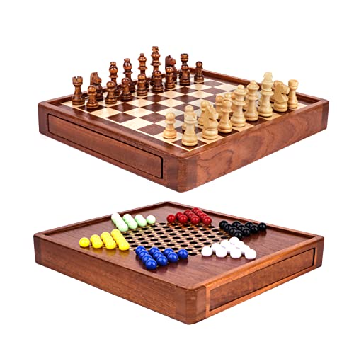 Schach und Chinesische Schachfiguren aus Holz, magnetisches Schach-Set für Erwachsene, 2-in-1 Schach- und Schachspiele, Brettspiele mit Aufbewahrungsschublade – Walnuss-Box von OOCOME