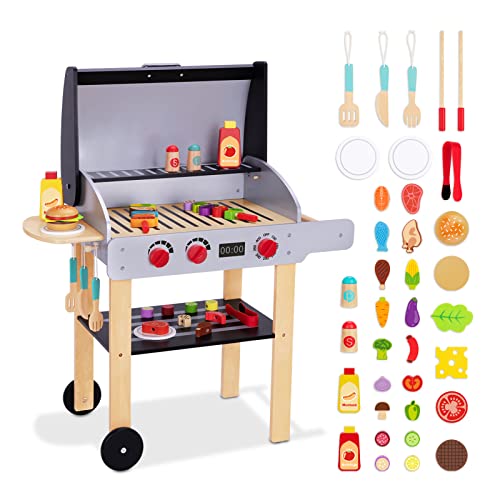 Holz-Spielgrill, Kinder-Grillspielset mit Spielgerichten und Grillutensilien, Küchen-Spielzubehör für Kleinkinder Jungen Mädchen ab 3 Jahren​ von OOOK