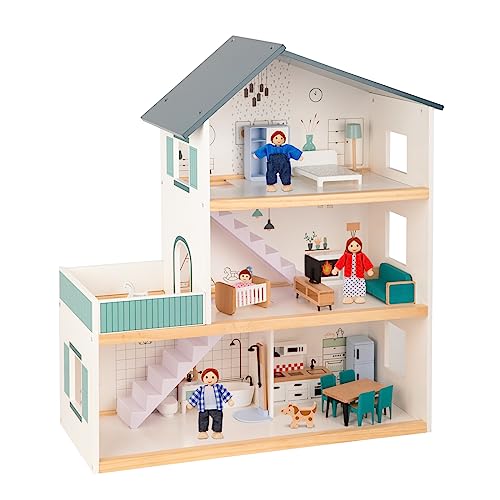 OOOK Puppenhaus Holz Groß, Dollhouse mit 3 Etagen, Puppenhaus ab 3 Jahren Mädchen (Einschließlich 21 Möbelstücken, 4 Familienpuppen und Einem Hund) von OOOK