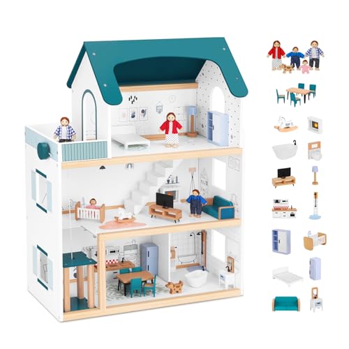 OOOK Puppenhaus Holz mit Hebbarer Aufzug, Puppenhaus Groß ab 3 Jahren Mädchen, Doll House for Girls, inklusive 21 Möbelstücken, 4 Familienpuppen und Einem Hund OOOK Puppenhaus Holz mit Hebbarer Aufzug, Puppenhaus Groß ab 3 Jahren Mädchen, Doll House for Girls, inklusive 21 Möbelstücken, 4 Familienpuppen und Einem Hund von OOOK