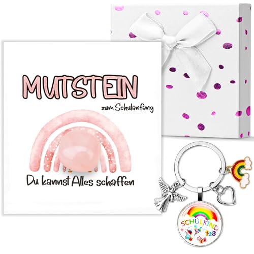 Mutstein für Einschulung Junge Geschenk Schultüte Füllung, Schulkind Mutstein 2025 Schultüte Geschenk, Glücksbringer Mutstein Geschenke Einschulung mit Grußkarte,Schlüsselanhänger und Geschenkbox Rosa von OOTSR