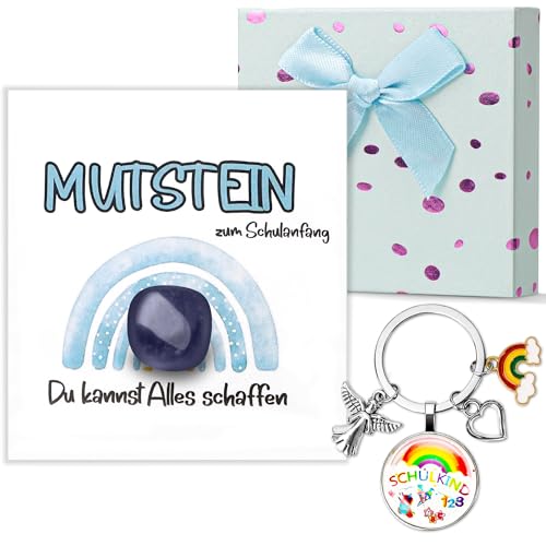 Mutstein für Einschulung Junge Geschenk Schultüte Füllung, Schulkind Mutstein 2025 Schultüte Geschenk, Glücksbringer Mutstein Geschenke Einschulung mit Grußkarte,Schlüsselanhänger und Geschenkbox Blau von OOTSR