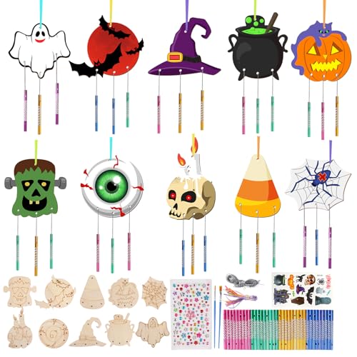 OOTSR 10 Stück Windspiel Bastelset Kinder, Halloween Windspiel Bastelset für Halloween Party Dekoration, Holz Klangspiel Basteln Deko, Klangspiel zum Handbuch Bemalen, Geschenke für Mädchen Junge von OOTSR