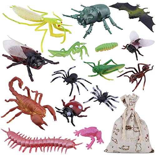 OOTSR 15 Stück groß Plastik Realistische Wanzen, gefälschte Kakerlaken, Spinnen, Würmer und Fliegen für Halloween Party und Dekoration mit Baumwollgeschenkbeutel von OOTSR