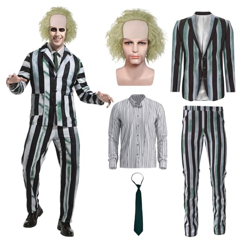 OPAEHJF 5 Stück Schwarz Weiß Gestreifter Halloween Anzug mit Perücke, Krawatte, Halloween Karneval Fancy Dress up Cosplay Kostüm (3XL) von OPAEHJF