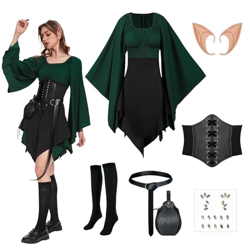OPAEHJF 8 Stück Damen Mittelalter Traditionelles Irisches Kleid Renaissance Elfen Kostüm Mit Elfenohren, Halloween Viktorianisches Cosplay (M) von OPAEHJF