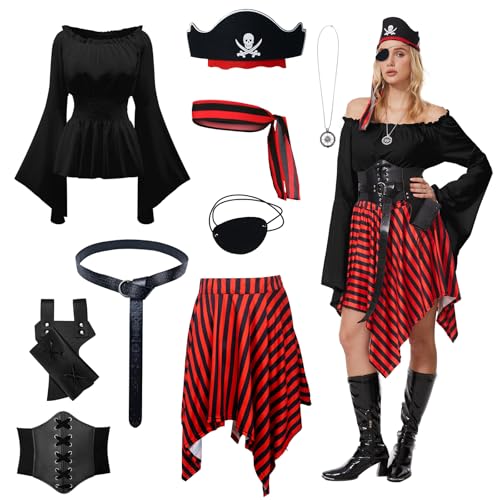 OPAEHJF 9 Stück Piraten Kostüm Damen Halloween Strampler Kleid Shirt Bandana Korsett Taillengürtel Augenklappe Renaissance Korsett Kleid Passend Piraten Cosplay Outfit (Schwarz, XXL) von OPAEHJF