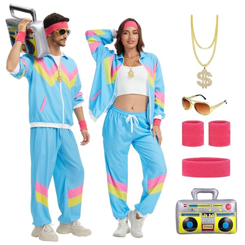OPAEHJF 90er 80er Jahre Outfit Herren Damen 80er Jahre Trainingsanzug Jacke Hose Anzug 80er Accessoire (Blau, XXL) von OPAEHJF
