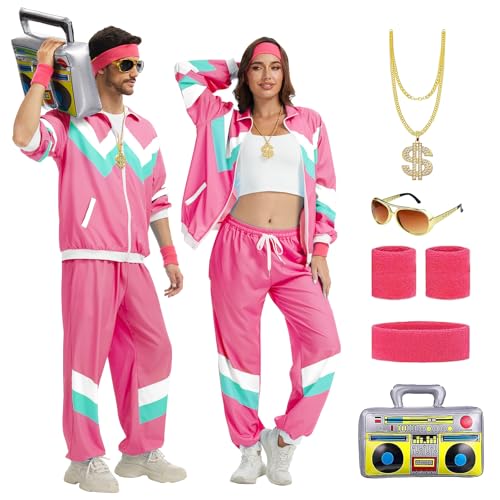 OPAEHJF 90er 80er Jahre Outfit Herren Damen 80er Jahre Trainingsanzug Jacke Hose Anzug 80er Accessoire (Rosa, L) von OPAEHJF