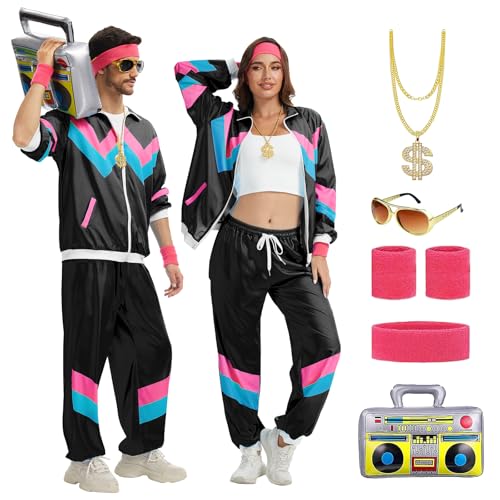 OPAEHJF 90er 80er Jahre Outfit Herren Damen 80er Jahre Trainingsanzug Jacke Hose Anzug 80er Accessoire (Schwarz, L) von OPAEHJF