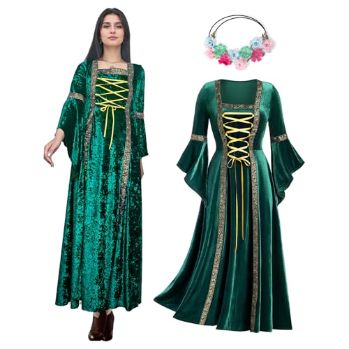 OPAEHJF Damen Retro Renaissance Königin Samtkleider, Mittelalterliches Kleid Halloween Vintage Viktorianisch Gothic Jahrmarkt Kostüme mit Trompetenärmeln Cosplay Party (Grün, M) von OPAEHJF
