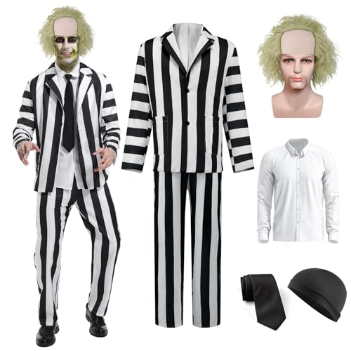 OPAEHJF Schwarz weiß gestreifter Anzug für Herren,Karneval Kostüm Herren Anzug,Horrorfilm, Halloween, Cosplay-Inklusive Blazer, Hose und Krawatte (M) von OPAEHJF