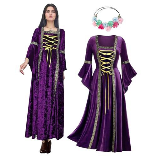 OPAEHJF Mittelalter Kleidung Damen Samtkleid Samt Kleid Renaissance Viktorianischen Kostüm Maxikleid Vintage Retro Trompetenärmel Gothic Kleidung Damen Halloween Rave Kleid (Lila, XL) von OPAEHJF