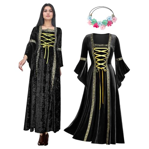 OPAEHJF Mittelalter Kleidung Damen Samtkleid Samt Kleid Renaissance Viktorianischen Kostüm Maxikleid Vintage Retro Trompetenärmel Gothic Kleidung Damen Halloween Rave Kleid (Schwarz, S) von OPAEHJF