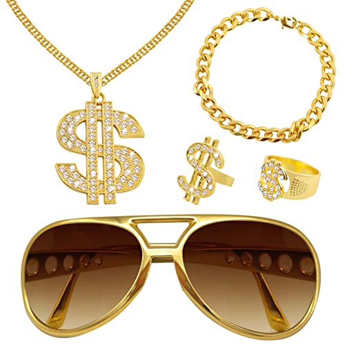 OPEIXSAYKOC 5 PCS Dollar Kette set,Hip Hop Kostüm Set,Dollar Zeichen Goldkette kit,Goldkette Sonnenbrille Goldring,80s/90s Rapper Accessories,Hiphop Punk Gold Kette,Fasching Accessoires,Mottoparty von OPEIXSAYKOC